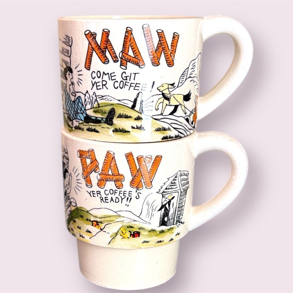 VINTAGE Maw & Paw Hillbilly Mugs Made In Japan- Cartoon Coffee Cups- Mid Century